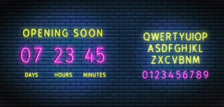 Neon clock counter. Countdown timer wiht font. Vector. Openig soon board. Illuminated digital count down. Glowing days, hours and minutes on brick wall. Scoreboard on display. Led illustration.のイラスト素材