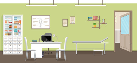 Empty medical office interior design. Doctors consultation room in clinic. Hospital working in healthcare concept. Vector illustration.のイラスト素材