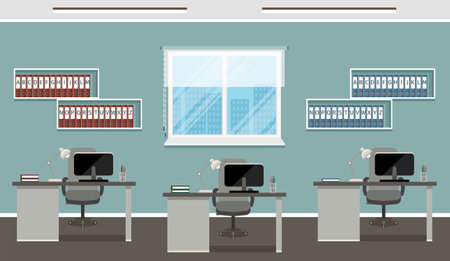 Workplace design with three workplaces and office furniture. Office interior concept. Working indoor room template without people. Flat style vector illustration.のイラスト素材