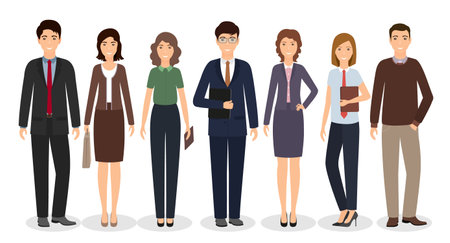 Group of business working people standing together on white background. Office employee in different poses and casual clothes. Vector illustration.のイラスト素材