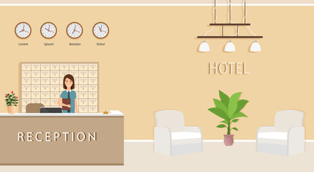 Resort hall interior design with woman receptionist. Hotel reception counter with employee and two armchairs. Vector illustration. Reception service desk with customer.のイラスト素材