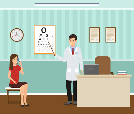 Woman patient at ophthalmologist doctors consultation in clinic office. Male oculist doctor in uniform and female patient characters sitting in consulting room. Vector illustration. Healthcare conceptのイラスト素材