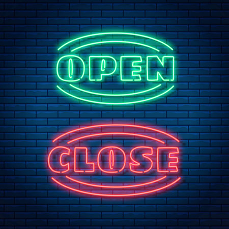 Neon open and close text glowing bright sign in ellipse frames. Open or close shop, store or bar icon, banner in neon style. Vector illustration.のイラスト素材
