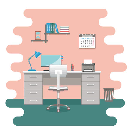 Workspace with furniture. Office room interior without people in flat design. Working indoor room worksplace. Cartoon vector illustration.のイラスト素材