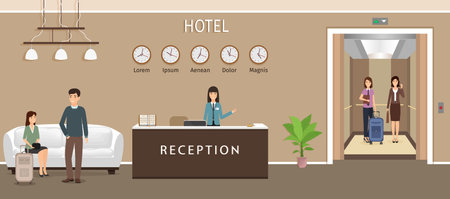 Resort hall interior design with woman employee, guests and elevator. Hotel reception counter with receptionist. Vector illustration. Reception service desk with customer.のイラスト素材