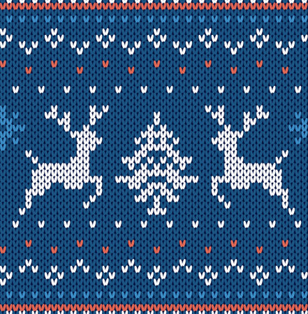 Christmas knit geometric background with moose in blue colors. Knitted textured background. Knitted pattern for a sweater in fair Isle style with elk. Vector illustration.のイラスト素材