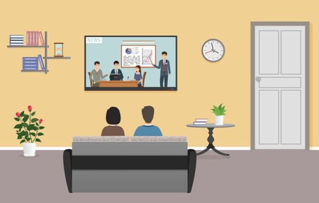 Couple of man and woman watching tv in living room interior. Family relax on sofa in front of the tv set. Domestic situation. Vector illustration.のイラスト素材