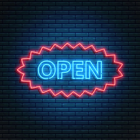 Glowing neon open 24-7 sign in ellipse frame. Open shop, store or bar icon, text, banner in neon style. Vector illustration.のイラスト素材