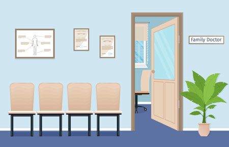 Family doctors consultation office in private medical clinic. Waiting room interior design in the hospital. Doctor private practice concept. Vector illustration.のイラスト素材