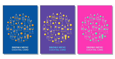 Drinks menu template. Cocktail bar card. Poster in linear design. Alcohol beverages in line art style. Outline icons bottles, glasses.のイラスト素材