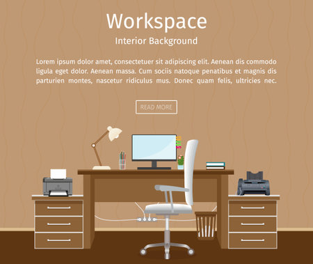 Web banner with office room interior. Office design without people with furniture. Working indoor room template in corporate building. Flat style vector illustration.のイラスト素材