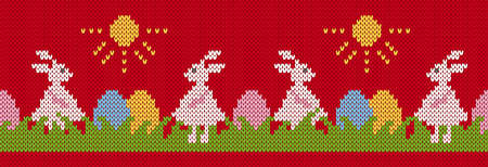 Easter bunny and eggs in grass on knit seamles pattern. Happy Easter red print with rabbits. Vector illustration. Sweater knitted texture.のイラスト素材