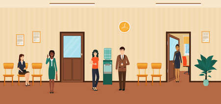 Business people standing in office corridor. Working situation with male and female employees. Office hall with doors, cooler and plant. Vector illustration. Flat design.のイラスト素材