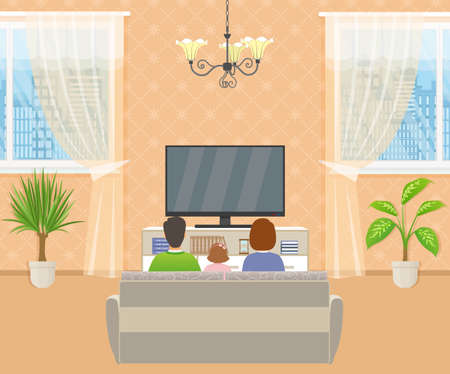 Family watching tv in living room interior. Father, mother and girl kid relax on sofa. Man, woman and child sitting in lounge. Vector illustration.のイラスト素材