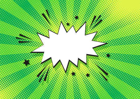 Pop art halftone pattern. Comic starburst background with speech bubble. Green duotone texture. Cartoon banner with dots, rays. Vintage wow design. Superhero starburst wallpaper. Vector illustrationのイラスト素材