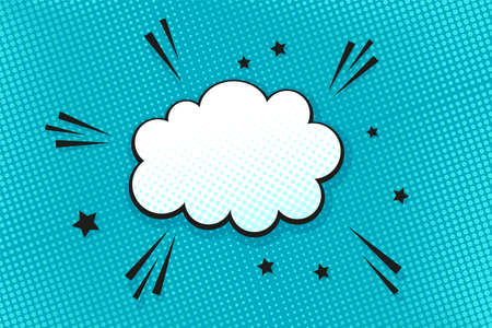 Pop art background. Halftone comic dotted pattern with speech bubble. Blue print with circles. Cartoon vintage texture. Vector illustration. Duotone backdrop with half tone effect. Superhero printのイラスト素材