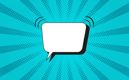 Pop art halftone background. Comic starburst pattern. Turquoise banner with speech bubble, dots and beams. Vintage duotone texture. Gradient wow design. Cartoon superhero banner. Vector illustration.のイラスト素材