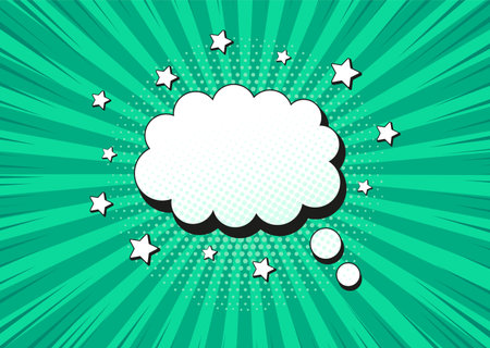 Pop art background. Comic halftone pattern with speech bubble. Green doted banner. Cartoon retro...