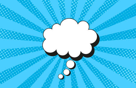 Pop art background. Halftone comic pattern with speech bubble. Cartoon retro starburst texture. Blue banner with dots and beams. Vintage sunshine effect. Vector illustration. Superhero wow backdrop.のイラスト素材