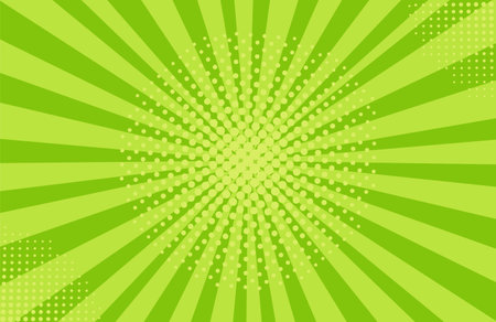 Pop art halftone background. Comic starburst pattern. Cartoon retro sunburst effect. Green banner with dots and beams. Vintage duotone texture. Superhero print. Gradient design. Vector illustration.のイラスト素材