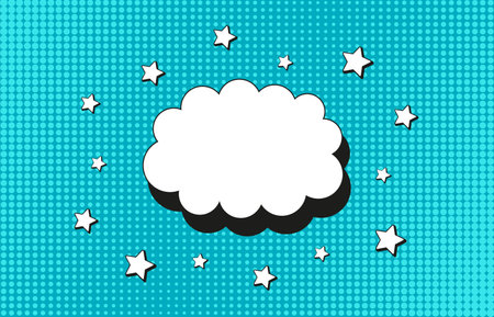 Pop art pattern. Halftone comic dotted background with speech bubble. Blue print with circles. Cartoon vintage texture. Duotone backdrop with half tone effect. Superhero print. Vector illustration.のイラスト素材