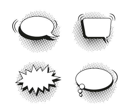 Comic speech bubble. Pop art balloons with halftone shadow. Set of black white text boxes. Chat bang clouds with dots. Vector illustration. Funny message shapes.のイラスト素材
