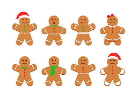 Gingerbread man and woman. Classic Christmas cookies. Xmas biscuit isolated on white background. Vector illustration. Noel holiday sweet dessert. Cute ginger bread character in flat cartoon design.のイラスト素材