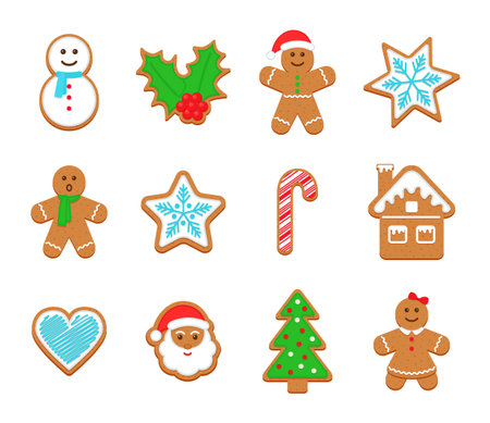 Christmas Gingerbread cookies. Classic Xmas biscuits. Cute ginger bread men, tree, santa, holly,...