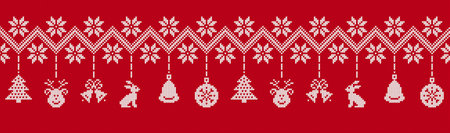 Knit seamless Christmas border. Xmas background. Red frame with deer, tree, hare and bell. Holiday knitted texture. Festive pattern. Fair isle traditional print. Vector illustration.のイラスト素材