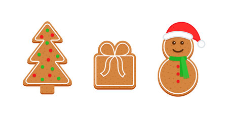 Gingerbread cookies Christmas tree, gift box, snowman. Classic Xmas dessert. Noel holiday biscuit...