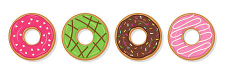 Donuts with glaze and glossy icing. Set sweet donuts. Confectionery dessert isolated on white background. Top view of birthday pastry. Flat design. Vector illustration.のイラスト素材