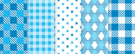 Checkered seamless patterns. Blue plaid textures. Oktoberfest tartan backgrounds. Set geometric prints with check, star, rhombus. Modern Octoberfest backdrop. Vector illustration.のイラスト素材