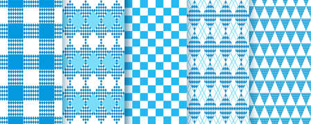 Octoberfest seamless patterns. Blue checkered textures. Oktoberfest lozenge diamond backgrounds. Set prints with rhombus, triangle, check and plaid. Modern geometric backdrop. Vector illustration.のイラスト素材