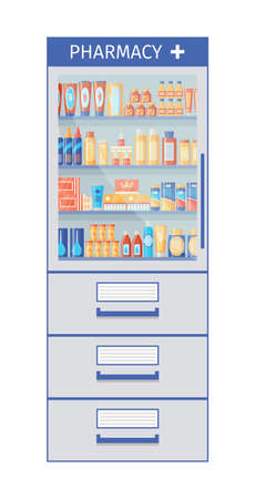 Medicine wardrobe. Pharmacy shelf with medical products. medications on drugstore shelves. Pharmaceutical counter with pills, bottles packets liquids syrup capsule. Hospital store. Vector illustrationのイラスト素材