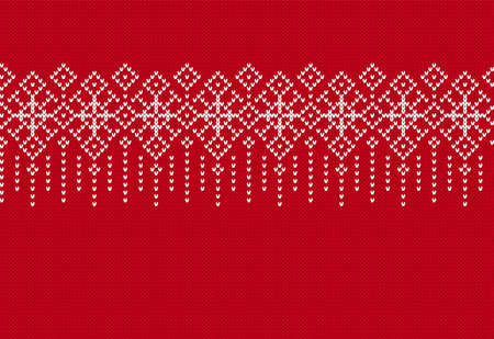 Red knit seamless border. Knitted texture. Christmas pattern. Holiday fair isle traditional background. Xmas festive print. Ornament with flowers. Geometric sweater pullover. Vector illustration.のイラスト素材