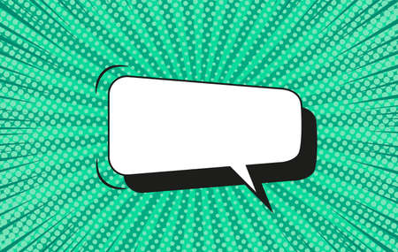 Pop art halftone background. Comic starburst pattern. Aquamarine banner with speech bubble, dots and beams. Vintage duotone texture. Gradient wow design. Cartoon superhero banner. Vector illustration.のイラスト素材