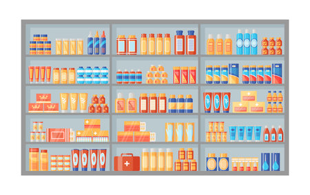 Medicines on pharmacy shelf. Drugstore shelves with medical products and medications. Pills bottles packets liquids syrup capsules in hospital pharmaceutical store. Flat design. Vector illustrationのイラスト素材