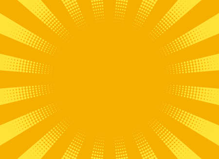 Pop art background. Comic halftone texture. Yellow starburst pattern with beams and dots. Vintage duotone effect. Cartoon superhero print. Retro sunshine banner. Vector illustration.のイラスト素材