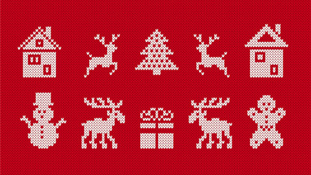 Christmas knit elements on seamless pattern. Sweater xmas ugly ornament. Knitted print with deer, gingerbread man, tree, snowman, gift box. Red textured border. Vector illustration.のイラスト素材