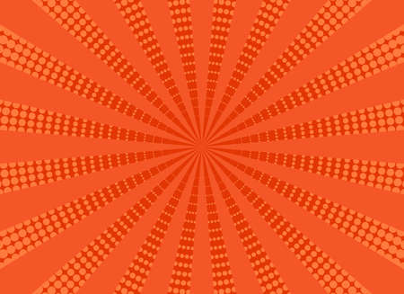 Pop art background. Comic halftone texture. Orange cartoon starburst pattern. Vintage sunburst banner. Retro print. Funny superhero backdrop with beams and dots. Vector illustration.のイラスト素材