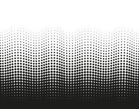 Halftone wavy dotted pattern. Pop art gradient background with circles. Comic half tone texture. Abstract wave design. Optical spotted effect. Black white banner. Monochrome vector illustrationのイラスト素材