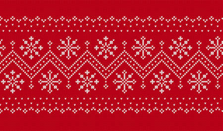 Knit seamless pattern. Christmas print. Red knitted sweater background with zigzag and snowflkes. Xmas winter texture. Holiday fair isle traditional ornament. Wool backdrop. Vector illustration.のイラスト素材
