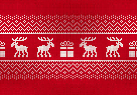Christmas knit seamless pattern. Red print with deers and gift box. Knitted sweater background. Xmas geometric texture. Holiday fair isle traditional border. Festive ornament. Vector illustrationのイラスト素材