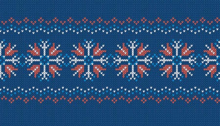 Knit seamless pattern. Blue knitted texture with snowflakes. Christmas frame. Xmas print. Fair isle traditional ornament. Holiday background. Festive sweater. Vector illustration.のイラスト素材