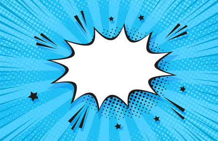Pop art halftone background. Comic starburst pattern. Blue banner with star speech bubble. Vintage...