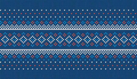 Knit seamless print. Christmas pattern. Knitted blue background. Xmas texture. Sweater frame. Holiday fair isle ornament. Winter textile with rhombus. Festive traditional crochet. Vector illustrationのイラスト素材