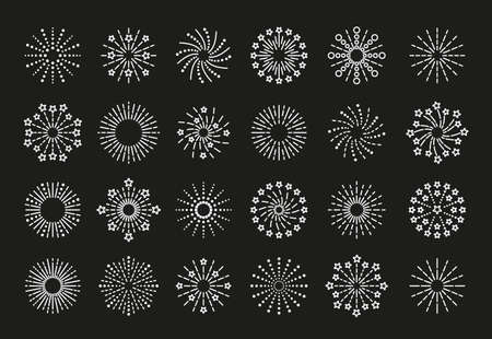 Firework icon. Sparks and burst stars. Set of sparkle explosions. Happy new year shiny symbols. Outline birthday party elements isolated on black background. Vector illustration.のイラスト素材