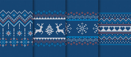 Christmas knit prints. Seamless pattern. Blue knitted border. Sweater ugly texture. Fair isle...