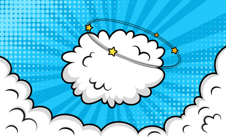 Pop art halftone background with clouds. Funny shape in comic style. Cartoon bomb explosion. Retro blue frame with smoke balloon and wind. Speech bubble element. Sky air banner. Vector illustrationのイラスト素材