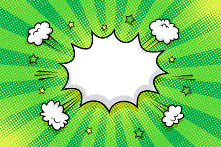 Pop art comic pattern. Halftone starburst background. Green dotted print with speech bubble and smoke clouds. Cartoon vintage texture. Duotone banner with half tone effect. Vector illustration.のイラスト素材